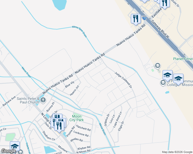 map of restaurants, bars, coffee shops, grocery stores, and more near 750 Old Hueco Tanks Road in Socorro