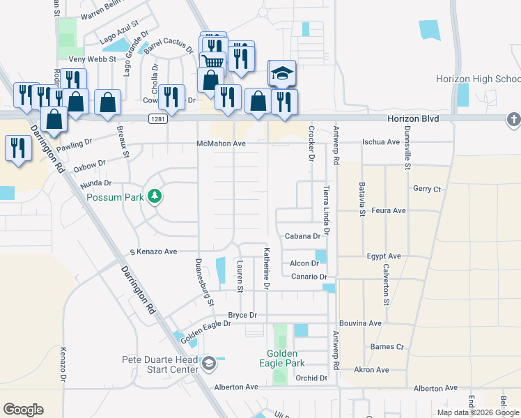 map of restaurants, bars, coffee shops, grocery stores, and more near 15345 Fairwood Court in Horizon City