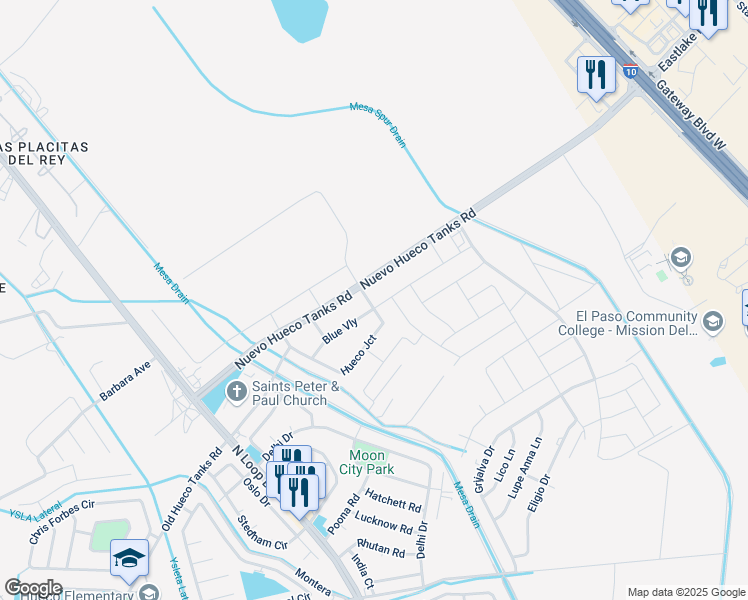 map of restaurants, bars, coffee shops, grocery stores, and more near 2101 Blue Valley in Socorro