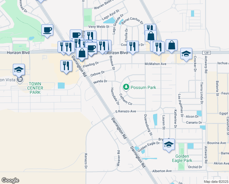 map of restaurants, bars, coffee shops, grocery stores, and more near 1595 Catham Circle in Horizon City