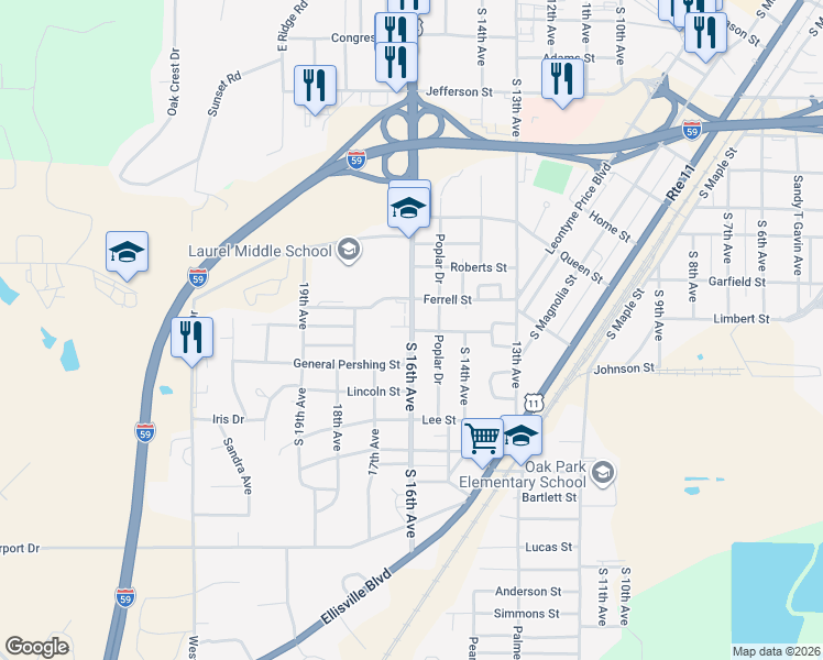 map of restaurants, bars, coffee shops, grocery stores, and more near 901 South 16th Avenue in Laurel