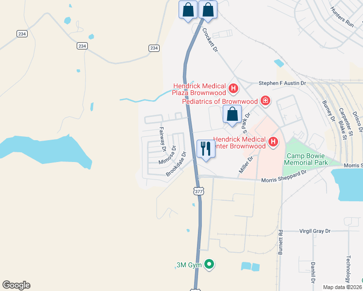 map of restaurants, bars, coffee shops, grocery stores, and more near 4305 Brookdale Drive in Brownwood
