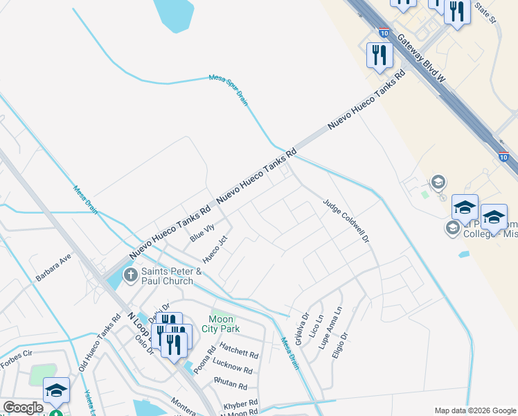 map of restaurants, bars, coffee shops, grocery stores, and more near 750 Old Hueco Tanks Road in Socorro