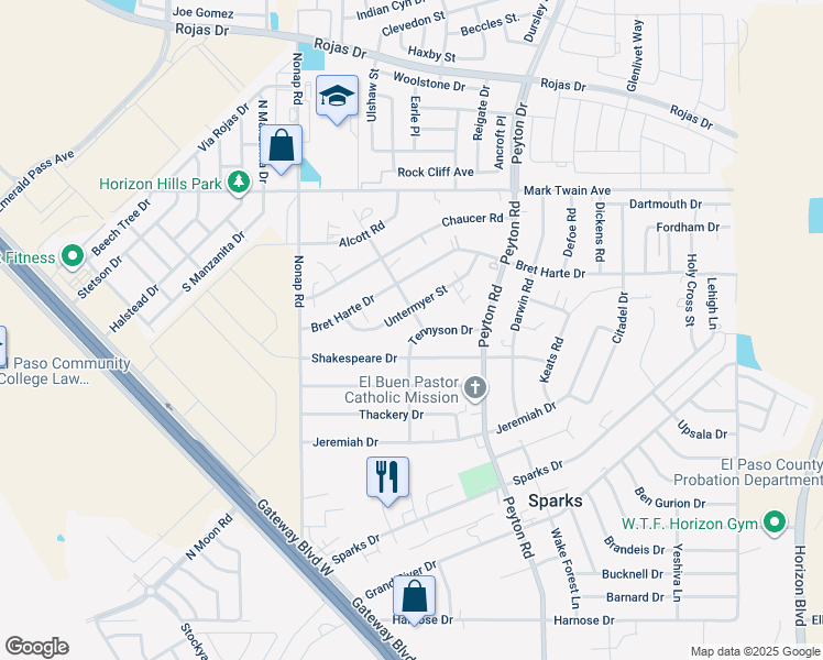 map of restaurants, bars, coffee shops, grocery stores, and more near 12825 Tennyson Drive in El Paso
