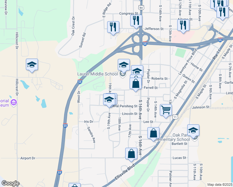 map of restaurants, bars, coffee shops, grocery stores, and more near 1807 Pearl River Drive in Laurel