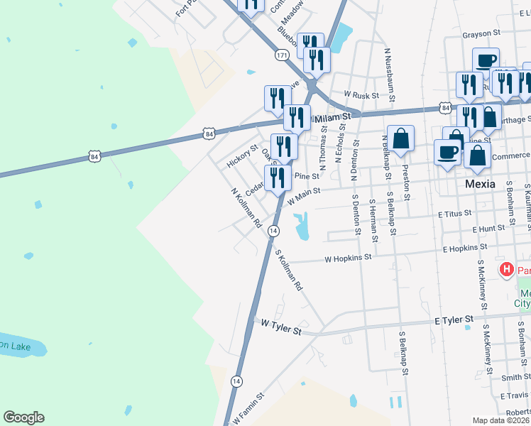 map of restaurants, bars, coffee shops, grocery stores, and more near in Mexia