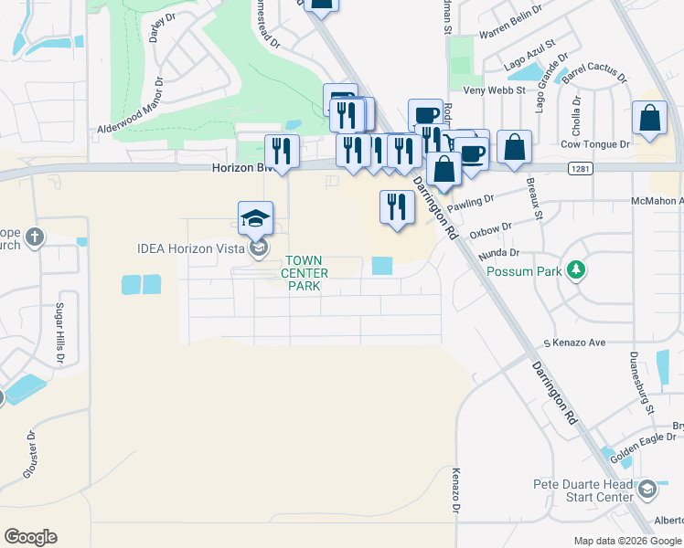 map of restaurants, bars, coffee shops, grocery stores, and more near 307 Mar Vista Place in Horizon City