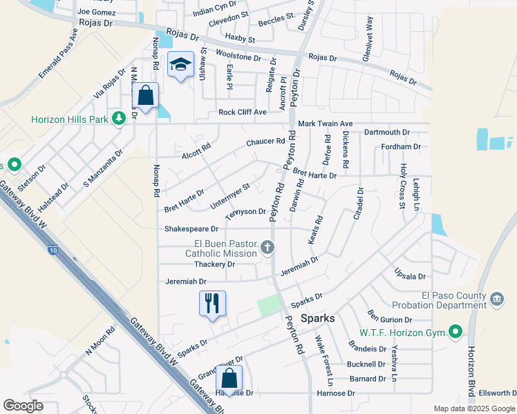 map of restaurants, bars, coffee shops, grocery stores, and more near 12873 Tennyson Drive in El Paso