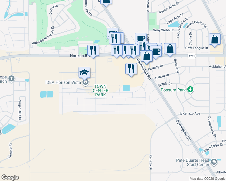 map of restaurants, bars, coffee shops, grocery stores, and more near 307 Mar Vista Place in Horizon City