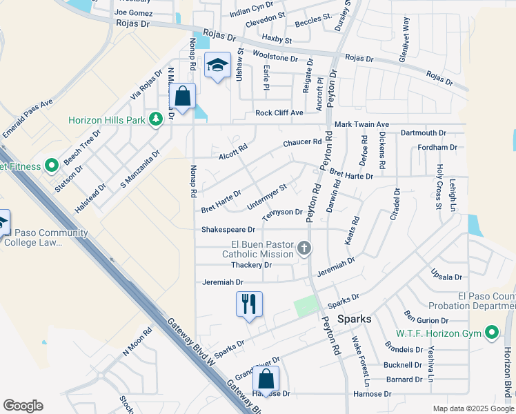 map of restaurants, bars, coffee shops, grocery stores, and more near 12825 Tennyson Drive in El Paso