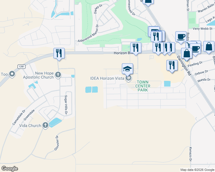 map of restaurants, bars, coffee shops, grocery stores, and more near Unnamed Road in Horizon City