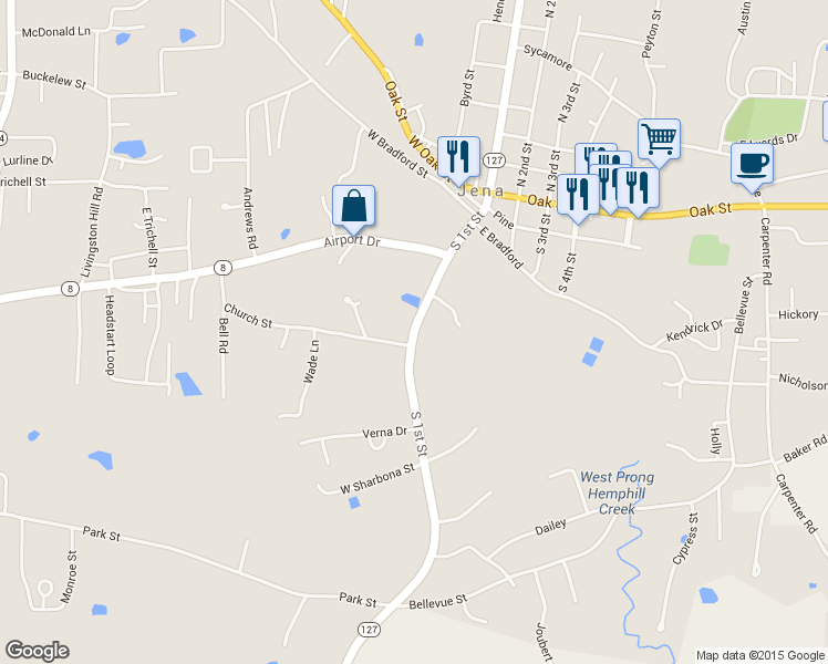 map of restaurants, bars, coffee shops, grocery stores, and more near South 1st Street in Jena