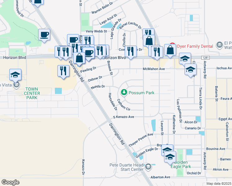 map of restaurants, bars, coffee shops, grocery stores, and more near 1595 Catham Circle in Horizon City