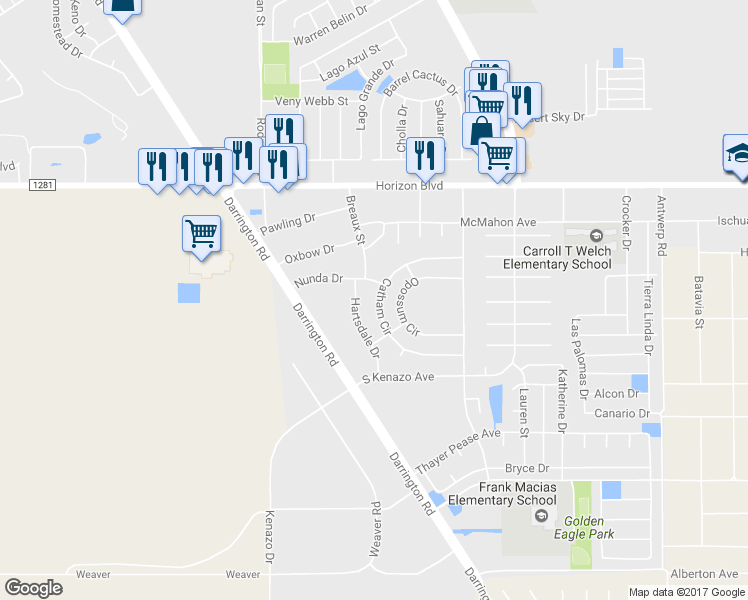 map of restaurants, bars, coffee shops, grocery stores, and more near 1595 Catham Circle in Horizon City