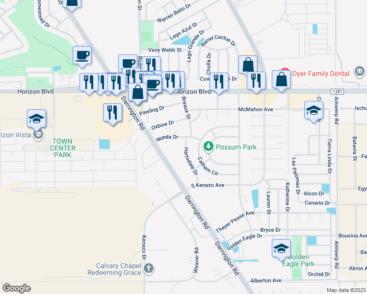 map of restaurants, bars, coffee shops, grocery stores, and more near 1609 Hartsdale Drive in Horizon City