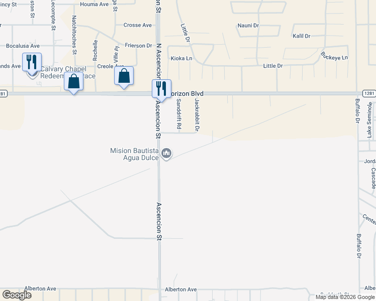 map of restaurants, bars, coffee shops, grocery stores, and more near 15156 Jackrabbit Drive in El Paso