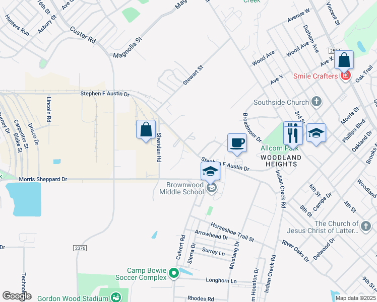 map of restaurants, bars, coffee shops, grocery stores, and more near 134 Green Oaks Mh Park in Brownwood