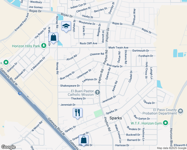 map of restaurants, bars, coffee shops, grocery stores, and more near 12873 Tennyson Drive in El Paso