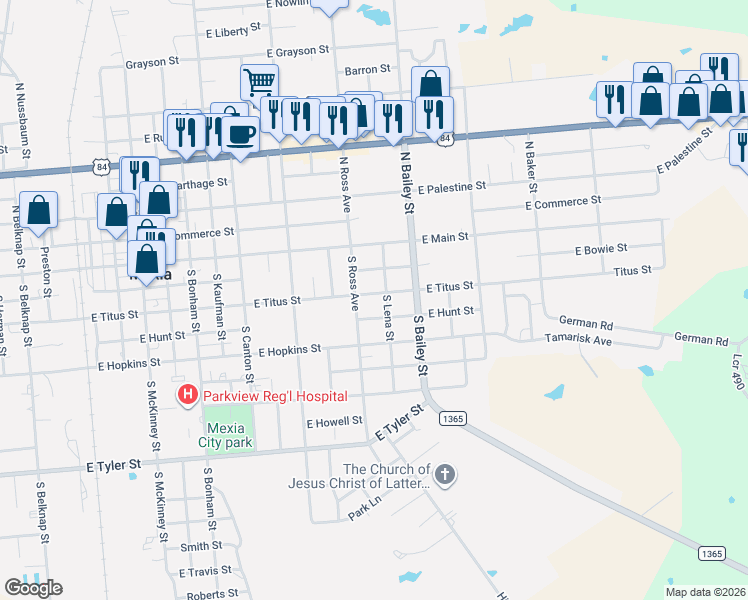 map of restaurants, bars, coffee shops, grocery stores, and more near 909 East Hunt Street in Mexia