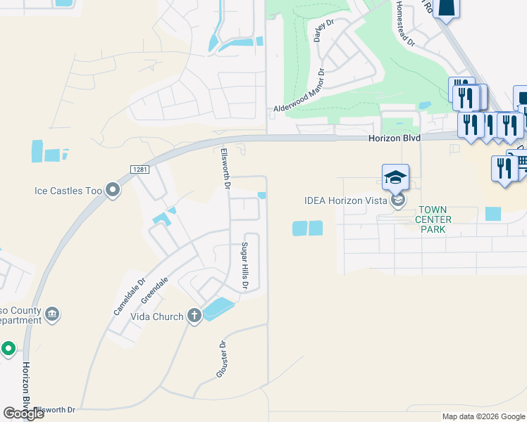 map of restaurants, bars, coffee shops, grocery stores, and more near 328 Via Cumbre Linda Circle in El Paso