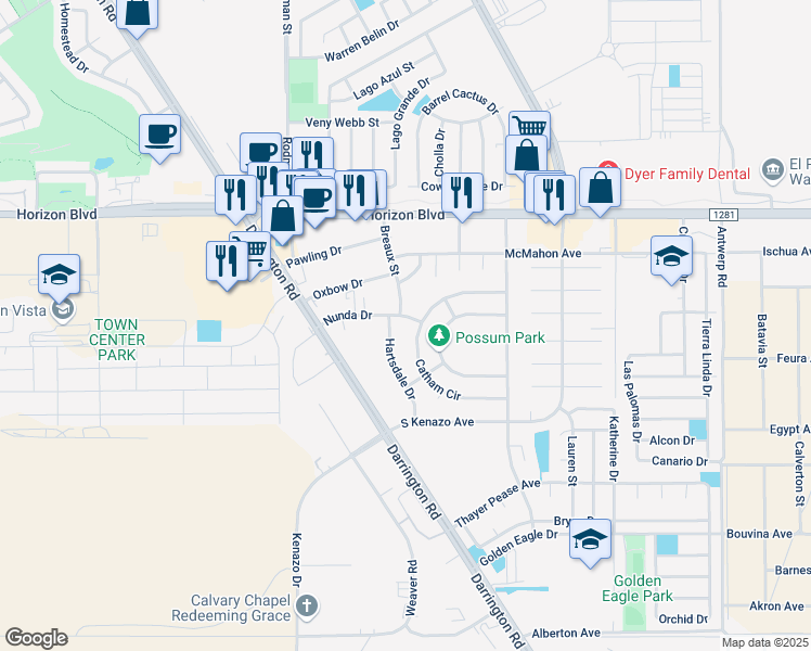 map of restaurants, bars, coffee shops, grocery stores, and more near 15002 Nunda Drive in Horizon City