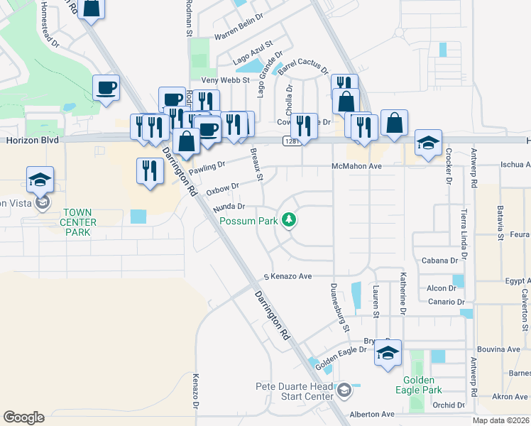 map of restaurants, bars, coffee shops, grocery stores, and more near 1595 Catham Circle in Horizon City