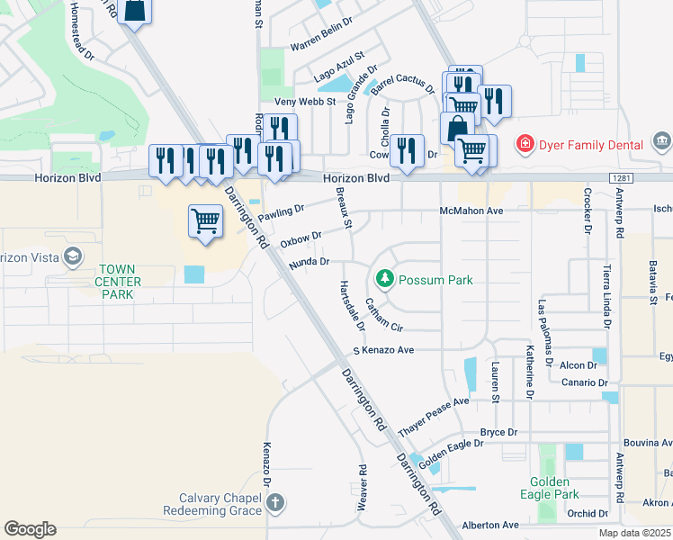 map of restaurants, bars, coffee shops, grocery stores, and more near 1609 Hartsdale Drive in Horizon City