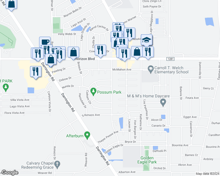 map of restaurants, bars, coffee shops, grocery stores, and more near 233 Duanesburg Street in Horizon City