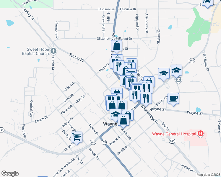 map of restaurants, bars, coffee shops, grocery stores, and more near 801-899 Winter Street in Waynesboro