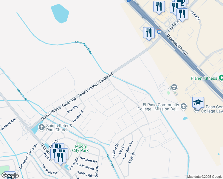 map of restaurants, bars, coffee shops, grocery stores, and more near 2101 Blue Valley in Socorro