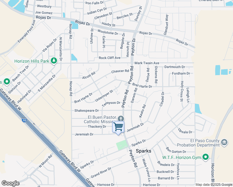 map of restaurants, bars, coffee shops, grocery stores, and more near 12875 Untermyer Street in El Paso