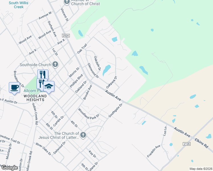 map of restaurants, bars, coffee shops, grocery stores, and more near 901 Oakpark Drive in Brownwood