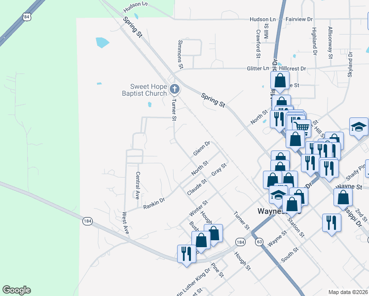 map of restaurants, bars, coffee shops, grocery stores, and more near 1124 Turner Street in Waynesboro