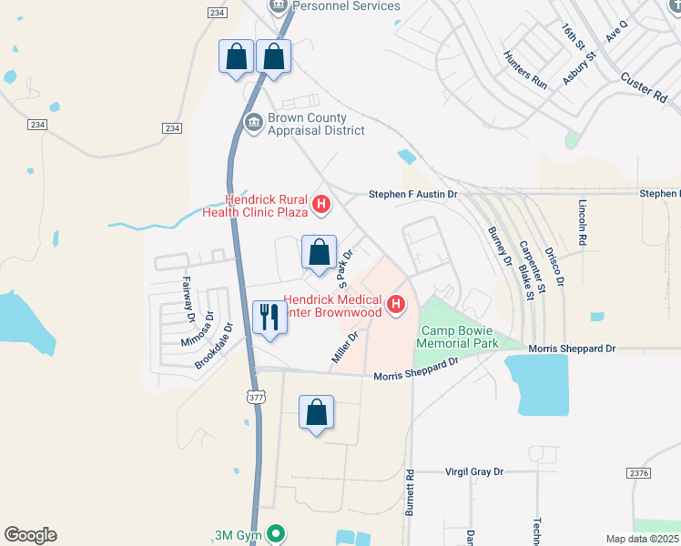 map of restaurants, bars, coffee shops, grocery stores, and more near South Park Drive in Brownwood