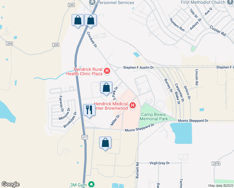 map of restaurants, bars, coffee shops, grocery stores, and more near 110 South Park Drive in Brownwood