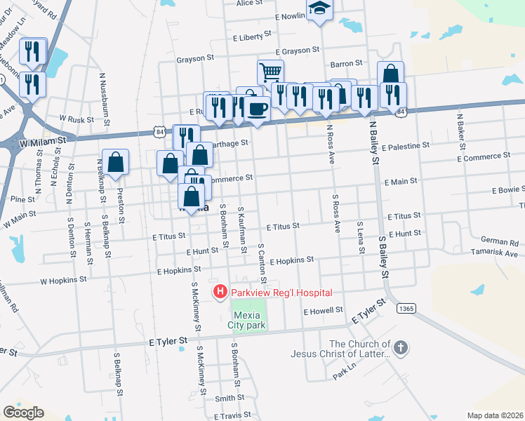 map of restaurants, bars, coffee shops, grocery stores, and more near 108 South Canton Street in Mexia
