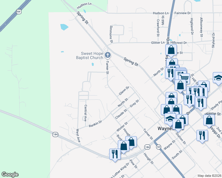 map of restaurants, bars, coffee shops, grocery stores, and more near 1124 Turner Street in Waynesboro