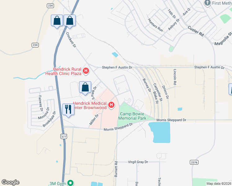 map of restaurants, bars, coffee shops, grocery stores, and more near 2520 Crockett Drive in Brownwood