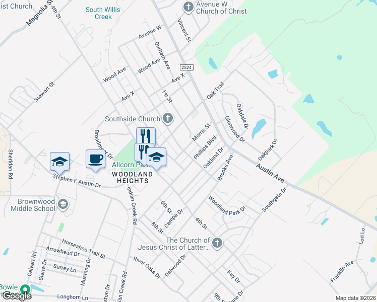map of restaurants, bars, coffee shops, grocery stores, and more near 1205 Phillips Drive in Brownwood
