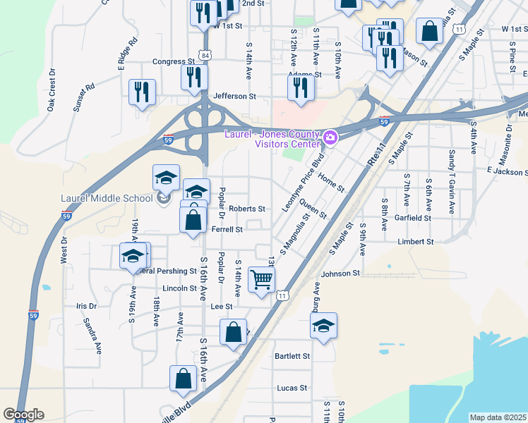 map of restaurants, bars, coffee shops, grocery stores, and more near 1304 Roberts Street in Laurel