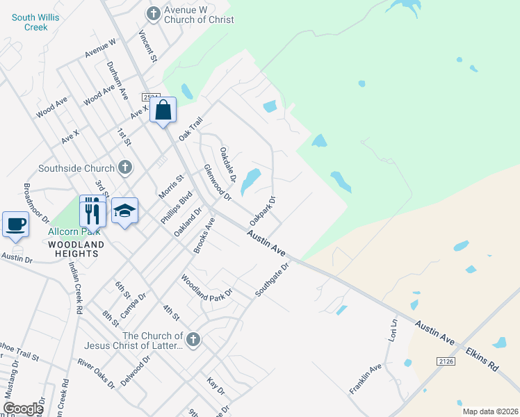 map of restaurants, bars, coffee shops, grocery stores, and more near 901 Oakpark Drive in Brownwood