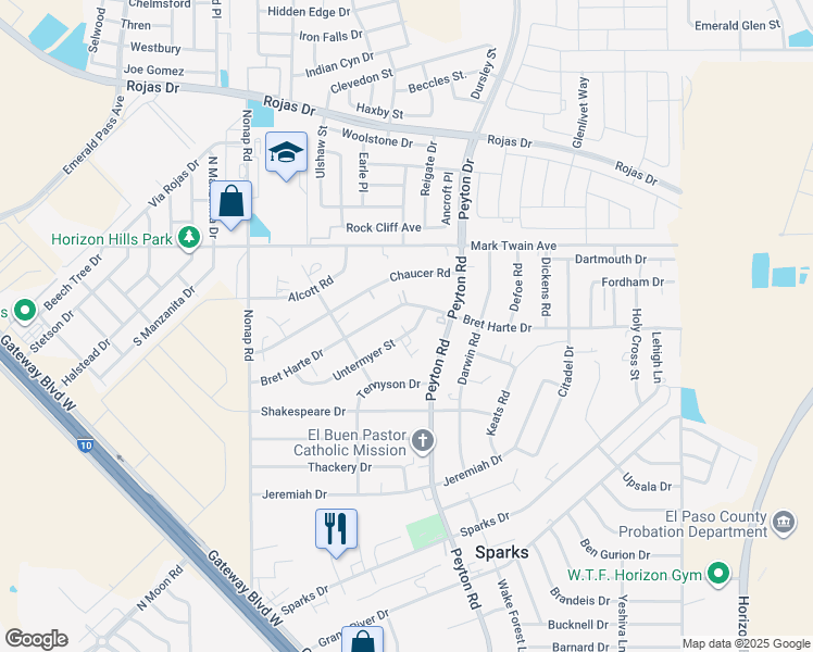map of restaurants, bars, coffee shops, grocery stores, and more near 12875 Untermyer Street in El Paso