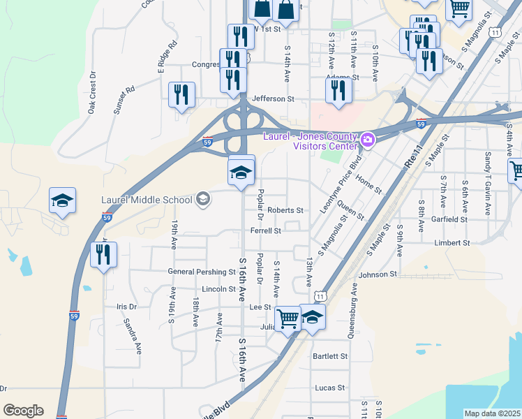 map of restaurants, bars, coffee shops, grocery stores, and more near 1500 Roberts Street in Laurel