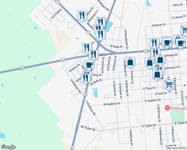 map of restaurants, bars, coffee shops, grocery stores, and more near 202 Texas 14 in Mexia
