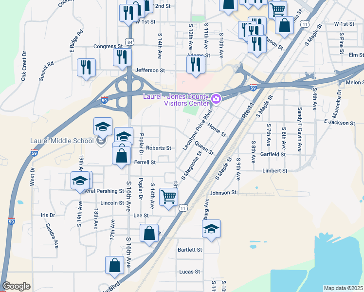 map of restaurants, bars, coffee shops, grocery stores, and more near 812 Leontyne Price Boulevard in Laurel