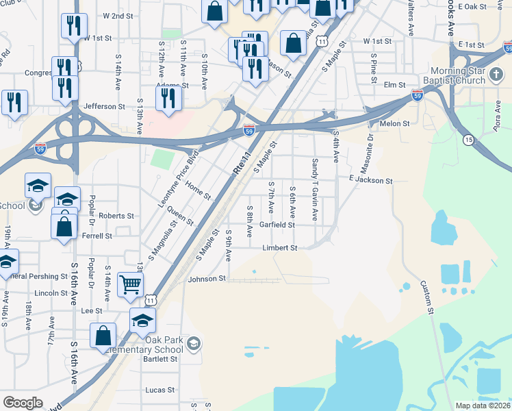 map of restaurants, bars, coffee shops, grocery stores, and more near 800-898 South 8th Avenue in Laurel