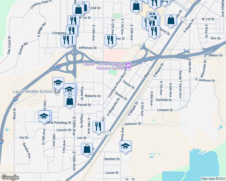 map of restaurants, bars, coffee shops, grocery stores, and more near 801 Leontyne Price Boulevard in Laurel