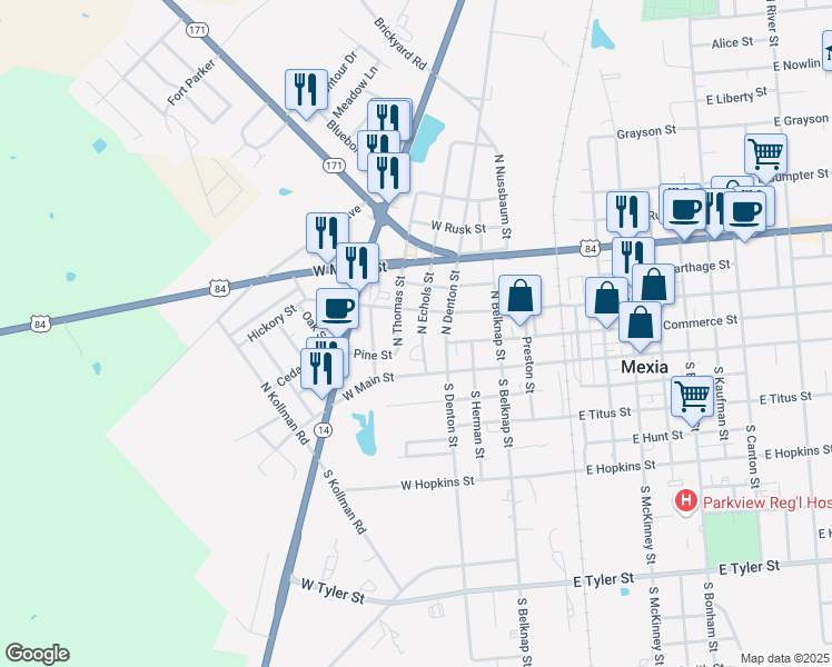 map of restaurants, bars, coffee shops, grocery stores, and more near 304 North Echols Street in Mexia