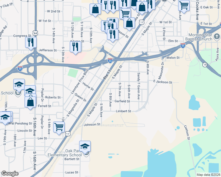 map of restaurants, bars, coffee shops, grocery stores, and more near 800 South 8th Avenue in Laurel