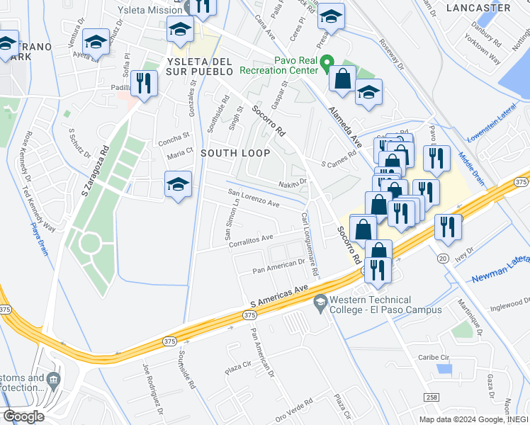 map of restaurants, bars, coffee shops, grocery stores, and more near 9325 Carranza Drive in El Paso
